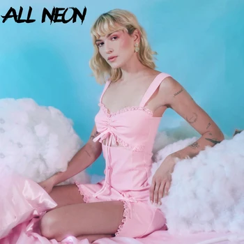 

ALLNeon Kawaii Spaghetti Strap Ruched Front Party Dresses with Lace E-girl Hollow Out Waist A-line Mini Dress Sweet Summer Pink