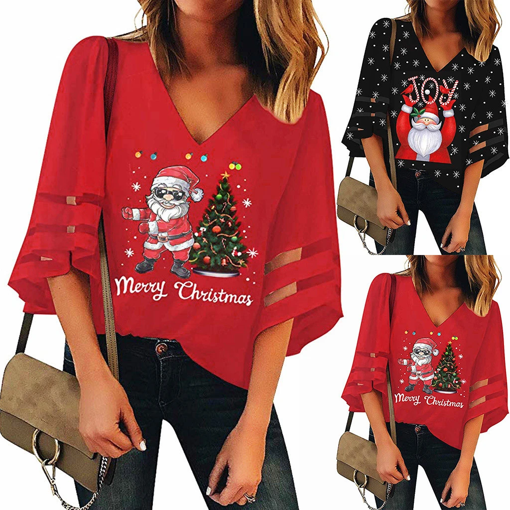 CHAMSGEND Womens Blouses Vintage Loose Christmas Long Sleeve Trumpet Blouse Ladies V-Neck Mesh Top Fashion Clothing 1023