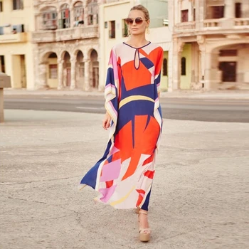 

2020 New Women Bikini Cover Up Swim Butterfly Printed Beach Kaftan Long Robe de Plage Beach Dress Tunic Dolman Sleeve Beachwear