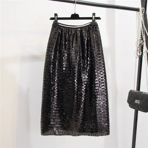 Harajuku Sequins Skirt Women's Sexy Silver Sequined Midi Skirt Girls Elastic-Waist Package Hip One-Step Skirts Party Skirts - Цвет: Черный