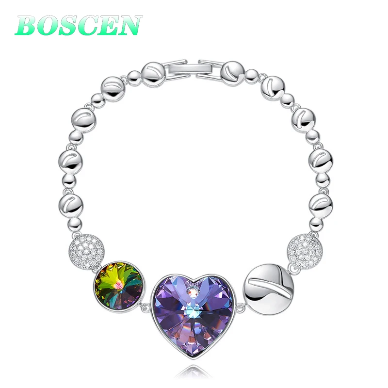 BOSCEN украшенный кристаллами от Swarovski сердце разноцветный браслет для женщин девушка подарок на день рождения Любовь синий простой