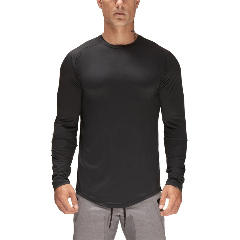 

New Fashion long sleeve t shirt men Mesh Sporting Tshirt Men Fitness Men's solid o-neck Gyms Bodybuilding T-shirt homme