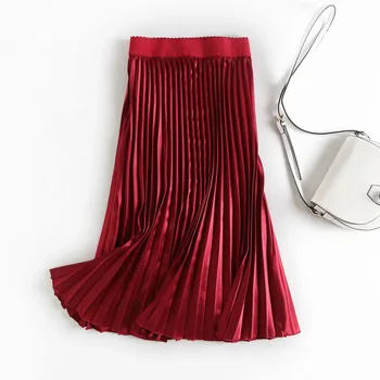 

Crystal Satin Pleated Skirt Woman 2020 Spring Autumn Elastic High Waist Solid A Line Long Skirt Elegant Party Clothes Streetwear