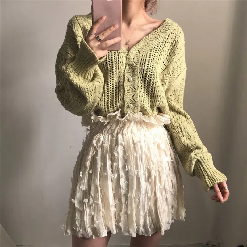 XUXI, новая осенняя одежда, женский свитер, кардиган VNeck, жемчужные пуговицы, вязание крючком, кружева, Одноцветный, вязаный кардиган, вязаный, FZ0253