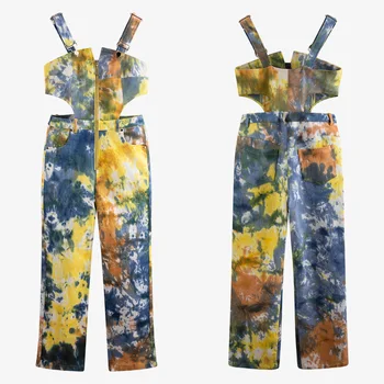 

SuperAen 2020 New Street Style Cool Colorful Tie-Dye Colorful Hollow Out Waist Loose Straight Denim Overall Women