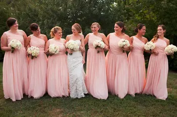 

One Shoulder Long Chiffon Blush Pink Bridesmaid Dresses Floor Length Gown Vestido de madrinha