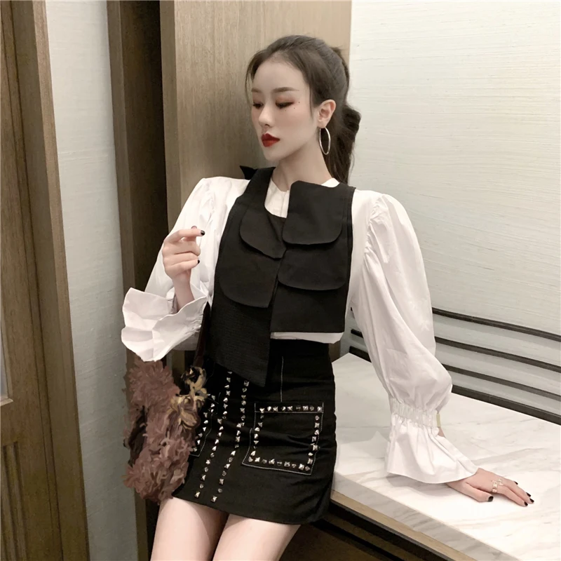 WENYIN блузки Весенняя мода High Street 2 шт жилет с бретельками Лоскутная Блузка женские блузы рубашки топы bluzki damskie