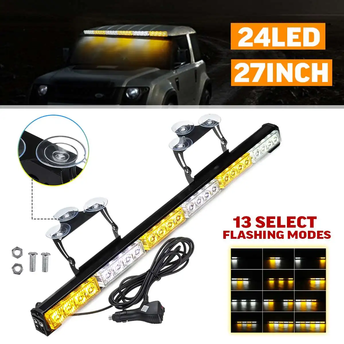 Barre davertissement stroboscopique camion | Camion de voiture 27 "barre davertissement durgence avec ventouses et supports de montage 13 Modes de clignotants 24