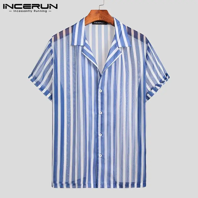 Men Striped Shirt Mesh Lapel Short 
