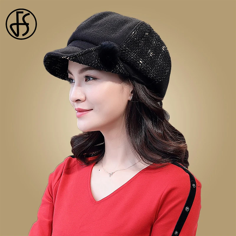 

FS mujeres boinas de lana invierno otoño octogonal boina Cap estiloso artista pintor gorras estilo vendedor de periódicos negro rojo Casual Peaked Caps