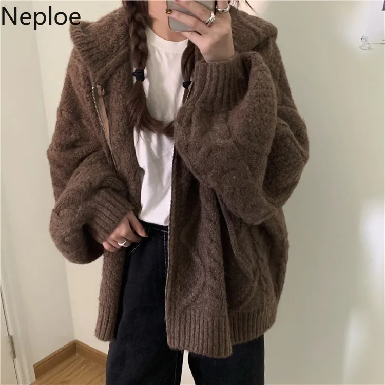Neploe, осенне-зимний женский свитер, Повседневный, на молнии, с капюшоном, вязаный кардиган, пальто, длинный рукав, свободный, теплый, вязанная куртка, 56523