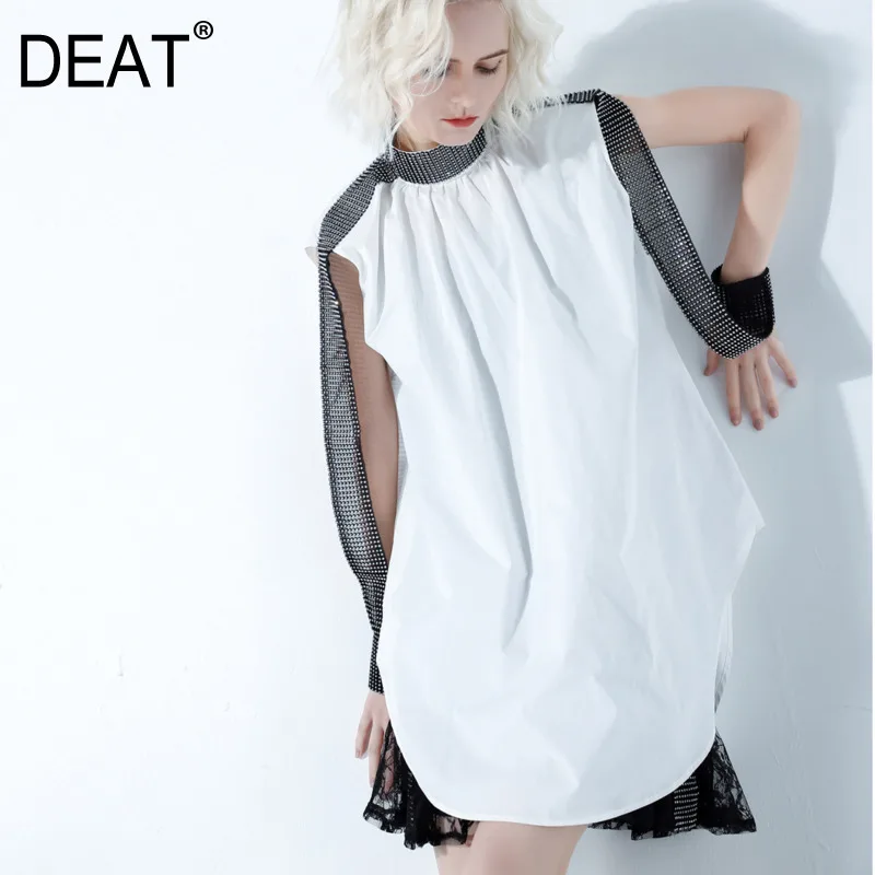 

DEAT Contrast Color High Collar Rhinestone Chain Sleeve Irregular Plus Woman Shirt Sweet Simple Fashion 2019 Autumn New TV831