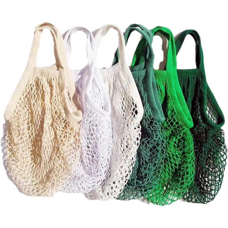 Bolsas de comestibles de malla de algodón reutilizables, bolsa de la compra con cuerda Malla lavable, para playa, plegable, ecológica