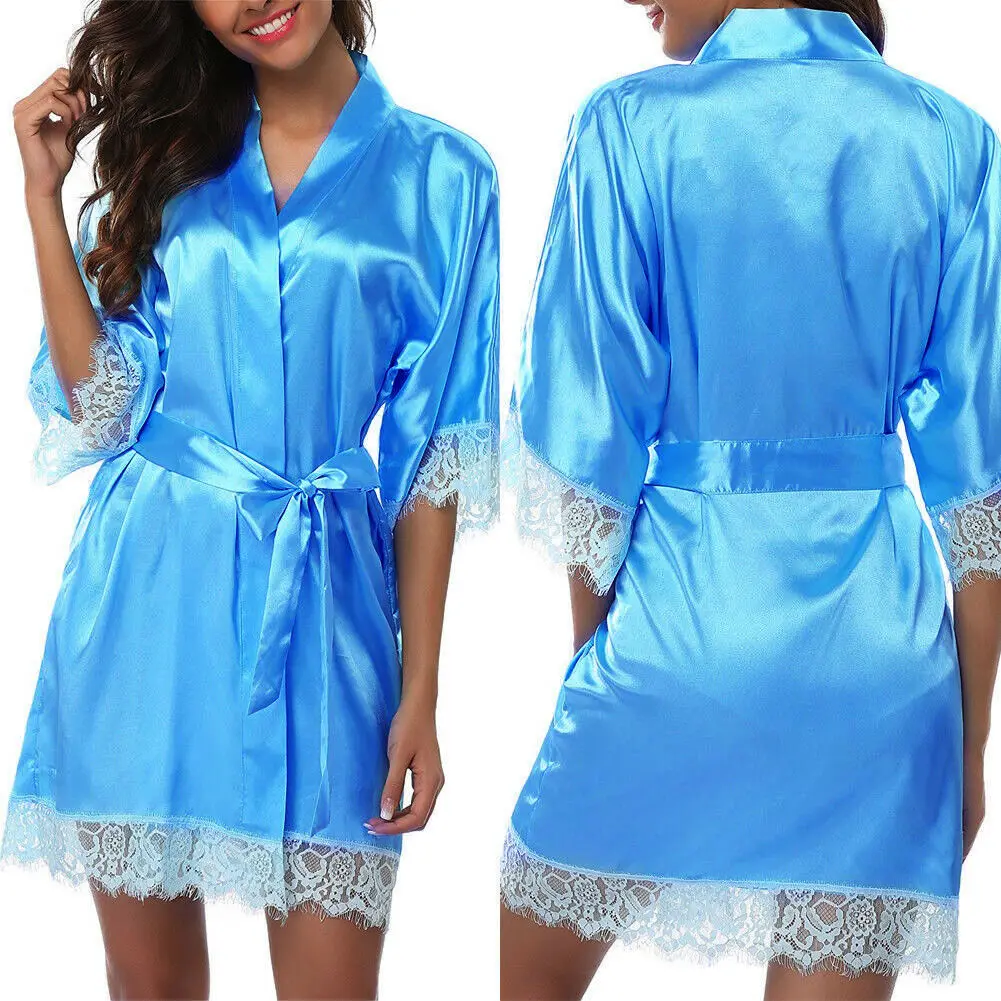 Модные женские сексуальные однотонные шелк кружево сатин халат свадебное платье невесты или подружки невесты свадебное кимоно халат пижамы - Цвет: Light Blue