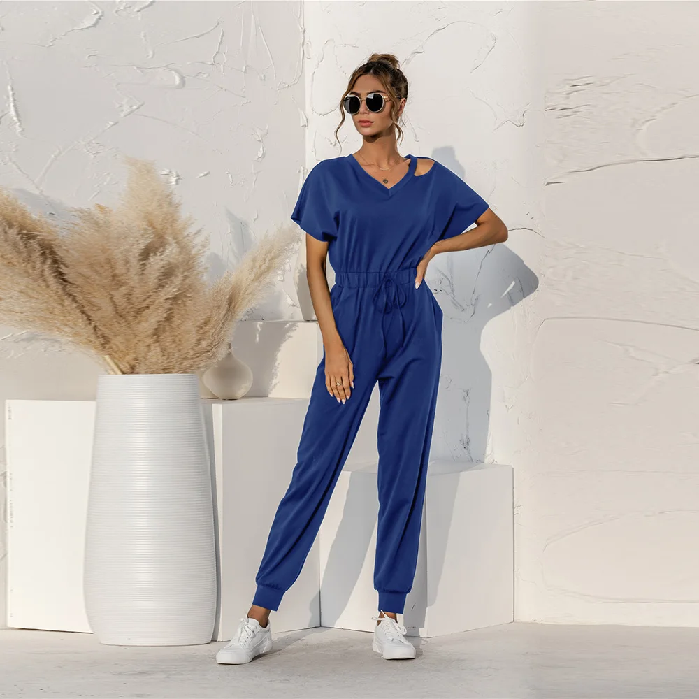 

Women Hollow Out Design Sexy Off Shoulder Jumpsuits Summer Solid Color Short Sleeve V-neck Casual Slim Pocket Drawstring Overall