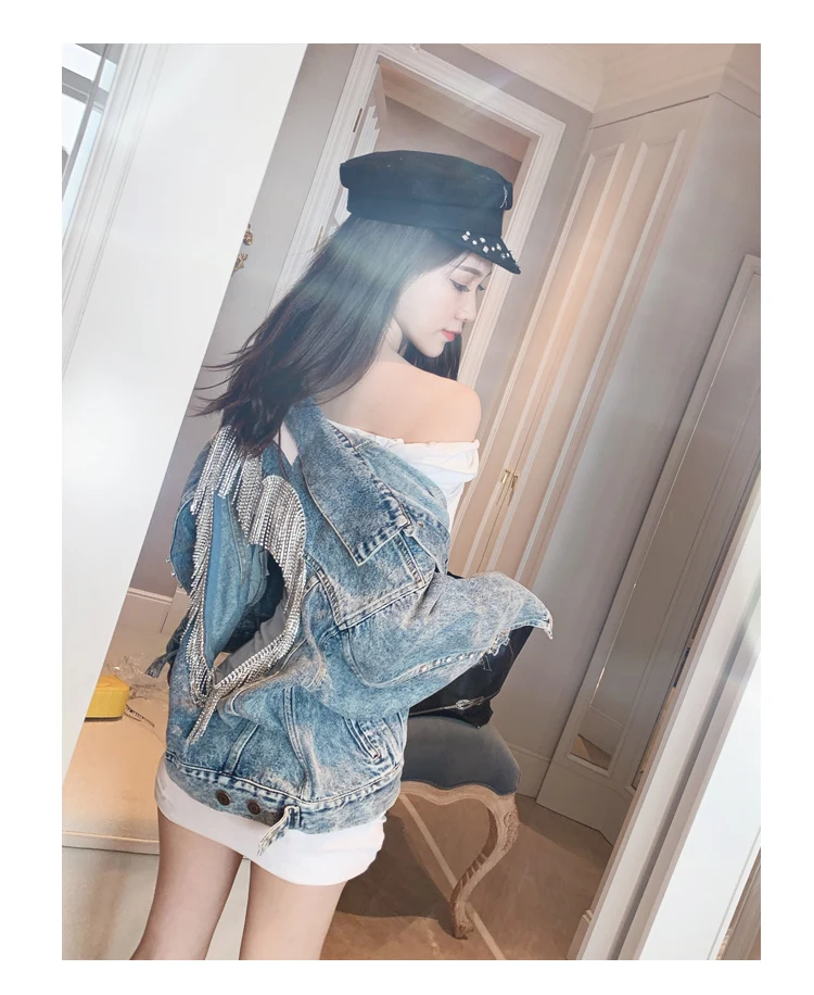 2020 sexy hollow out sequines tassel jeans coat Women Beading Rivet Vintage Boyfriend denim jacket coat Female Long Sleeve Coat