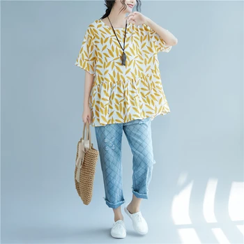 

COIGARSAM Short Sleeve blouse women Summer Print Loose High Waist blusas womens tops and blouses Yellow Blue Leaves 7232