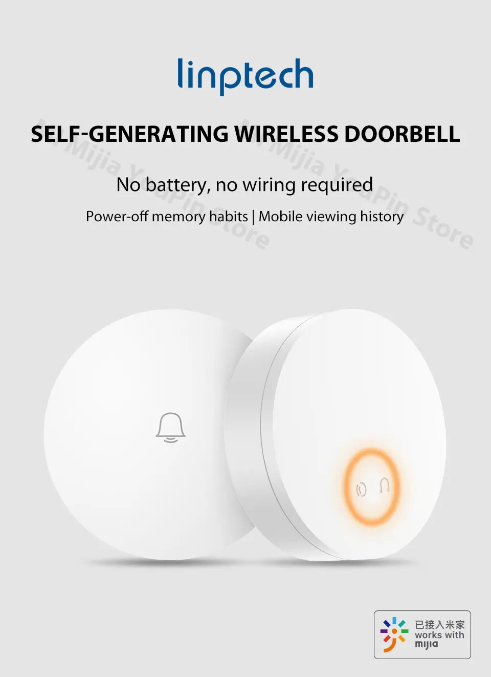 Xiaomi Mijia Linptech WIFI Self-power-generating Wireless Doorbell Work with Mijia APP Smart Control Memory Function AC 110-240V (1)