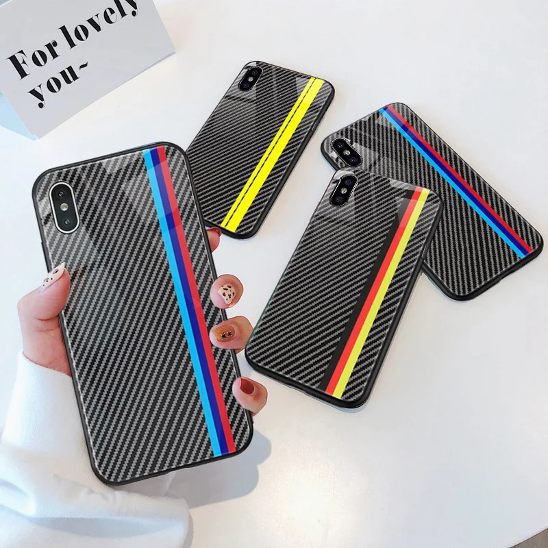 

Fashion Motorsport Racing Sport Carbon Fiber HD Tempered Glass Phone Case for Apple iPhone 6 6S 7 8 Plus X XR XS Max Cover Coque