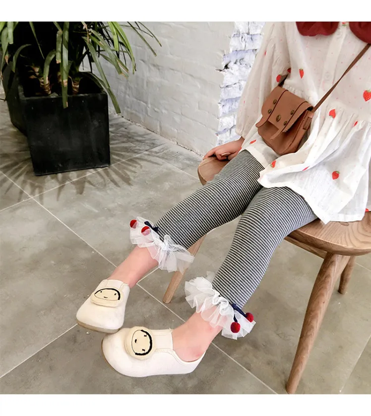 

New autumn Korean style long-section striped leggings trousers with mesh and cherry decoration for girls