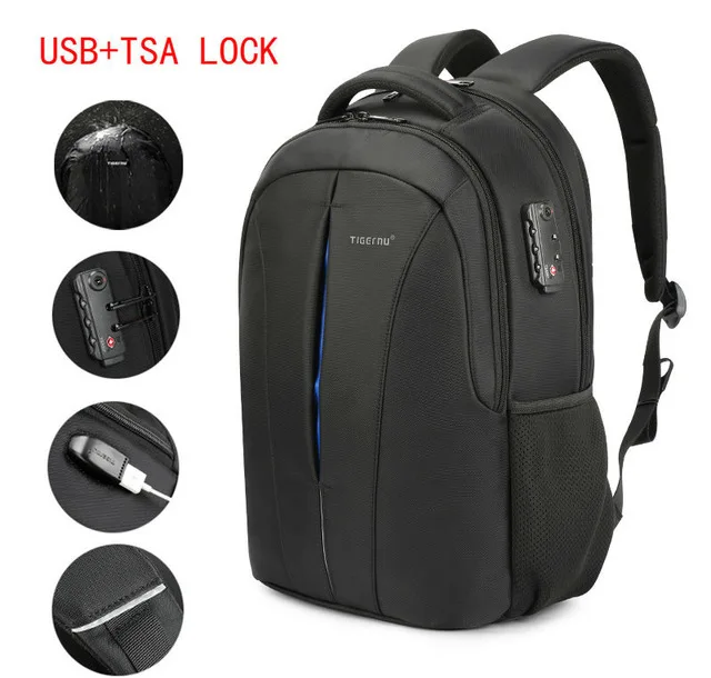 Black Blue TSA Lock Tigernu Марка Рюкзаки Мужской Студент Колледжа Школьные Сумки Водонепроницаемые Рюкзаки Мужчины Женщины Рюкзак Рюкзак Сумка Для Ноутбука Рюкзак - Цвет: Black Blue TSA Lock