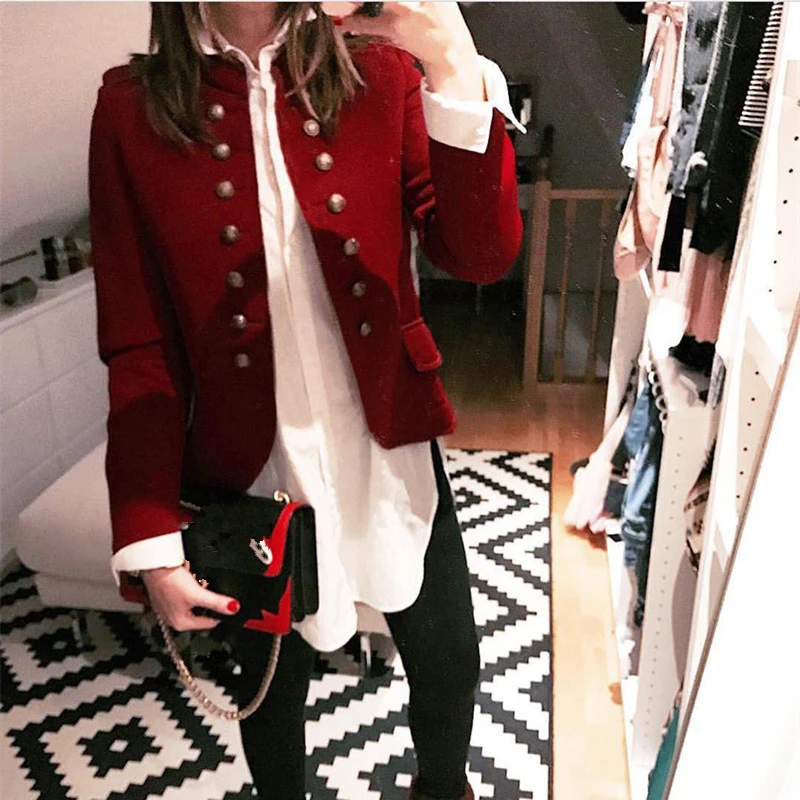 Винтажная Женская Осенняя куртка на пуговицах, офисное Женское пальто, модное однотонное тонкое пальто с длинным рукавом, уличная куртка в стиле милитари размера плюс - Цвет: Red