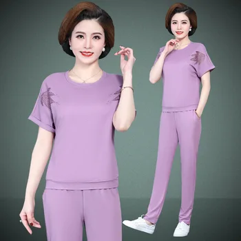 

4XL Summer Women Sport Suit Short Sleeve T-shirt Sweatshirt+pant Jogger Exercise Workout Outfit Leisure Set Sportswear Tracksuit