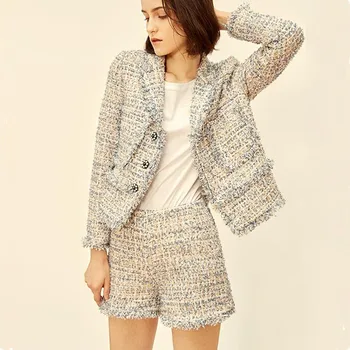 

2020 Tassel Tweed Jacket Women Shorts Suits Two Piece Set Elegant Runway Wool Blazer Tops Shorts Autumn Winter Clothes Uniform