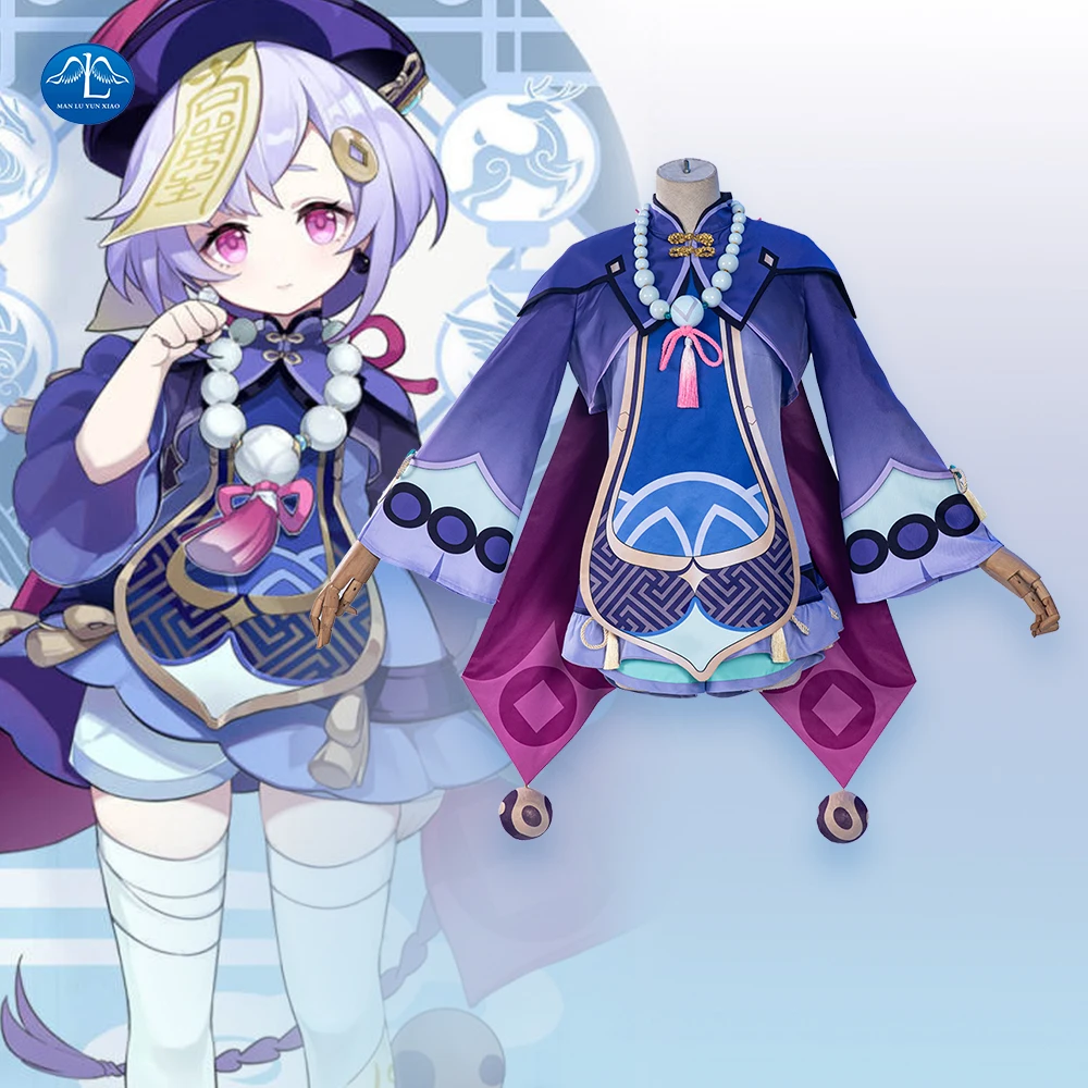 Game Genshin Impact Qiqi Cosplay Costume Women Zombie Purple Costume Halloween Dress Necklace Hat Full Set Custom Made