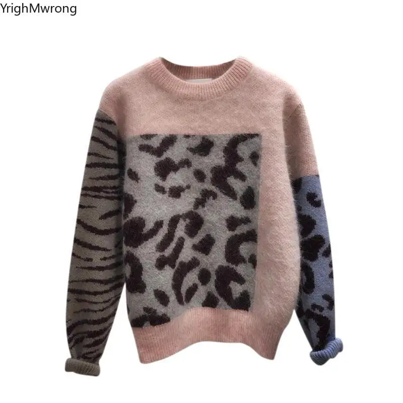 

Vintage Patchwork Block Contrast Leopard Zebra Knit Striped Solid Warm Cashmere Jumper Women Sweater Pullover Winter Knit Pull