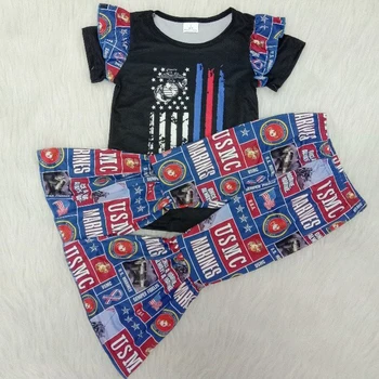 

2020 Summer Clothes For Toddler Girls Army Flag Top Short Sleeve Shirt Print Bells Pants Little Girls Boutique Kids Outfits