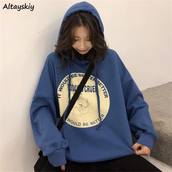 

Hoodies Women Autumn Winter Plus Velvet Thick Printed Hooded BF Loose 2XL Chic Daily All-match Korean New Kpop Womens Pullover