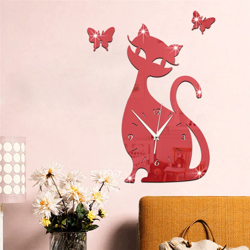 Acrylic Mirror Wall Clock Cartoon Cat Pointer Clock Watch Office Living Room Wall Mounted Clocks Decoration часы настенные