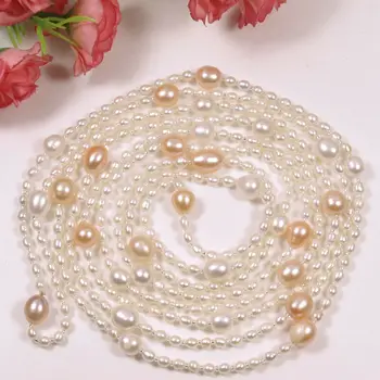 

New Long Single Genuine white pink freshwater 3-4-8-9-10mm pearl necklace 50"