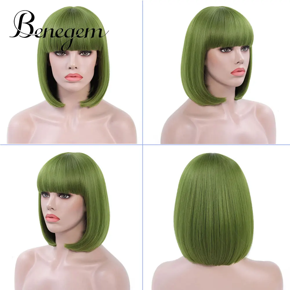 G003 Benegem женские парики зеленый боб парик с челкой короткие прямые косплей синтетические парики некружевной костюм - Цвет: G003