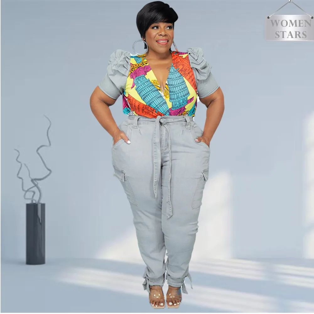 Plus Size Sets Denim Two Piece Set Puff Sleeve Patchwork Crop Top And