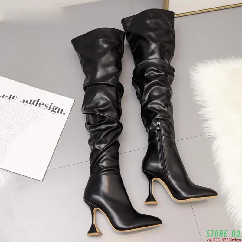 

2021 Runway Style Women Thigh High Boots Fashion Loose Folds Designer High Heels Over The Knee Boots Autumn Winter Leather Boots