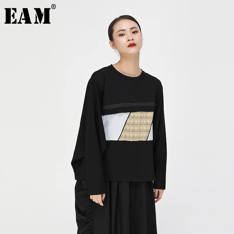 

[EAM] Women Contrast Color Split Big Size Oversized T-shirt New Round Neck Long Sleeve Fashion Tide Spring Autumn 2020 1H245