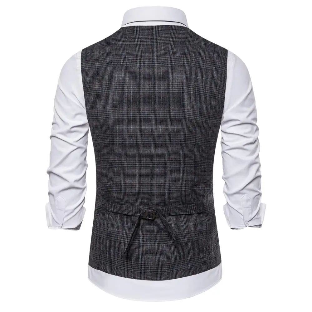 New Arrival Men Suit Vest Fashion Design Mens Slim Fit Black Gray Grid Vest Autumn Casual Men Single Breasted Waistcoat