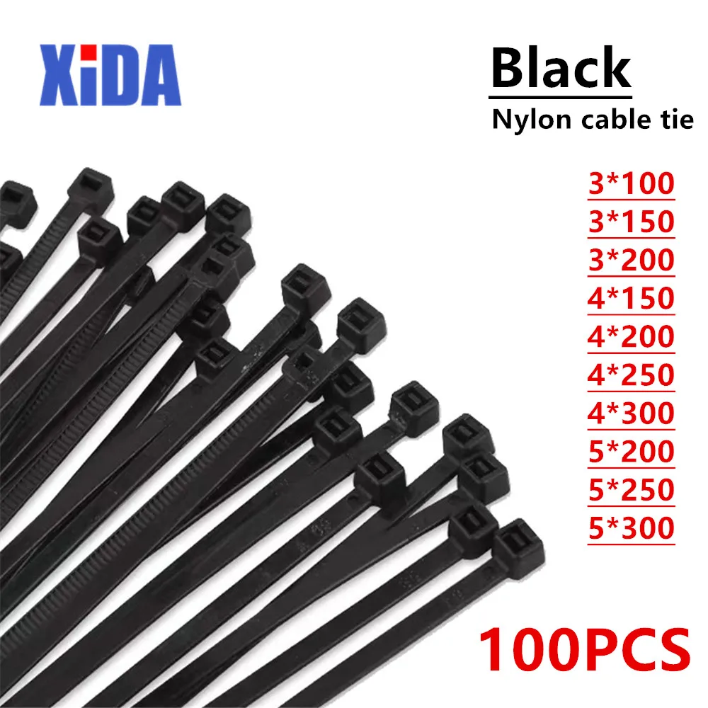 

Self-Locking Plastic Nylon Wire Cable Zip Ties 100pcs Black Cable Ties Fasten Loop Cable Various specifications