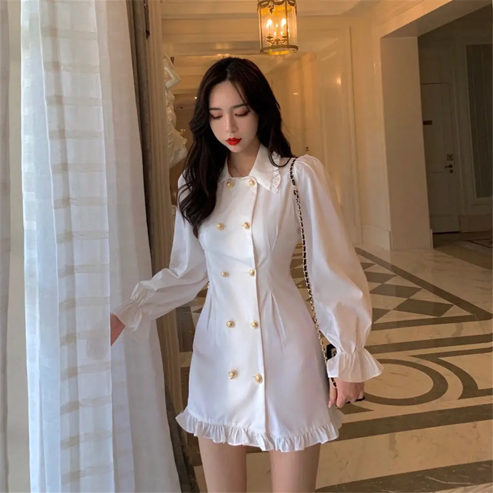 Solid Dresses Women Double Breasted Ruffles Lantern Sleeve Elegant Korean Style Chic Party Club Vestido Feminino Elegant Popular wedding guest dresses