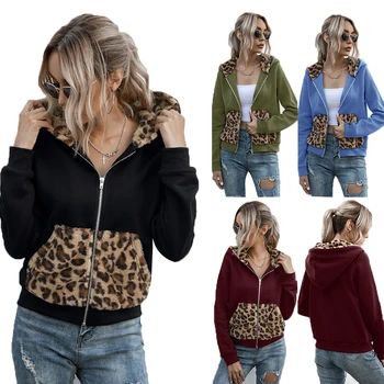 

Women Autumn Winter Jackets Ladies Leopard Printed Leopard Style Print Patchwork Female Warm Jacket Zip Hooded Outwear Coat