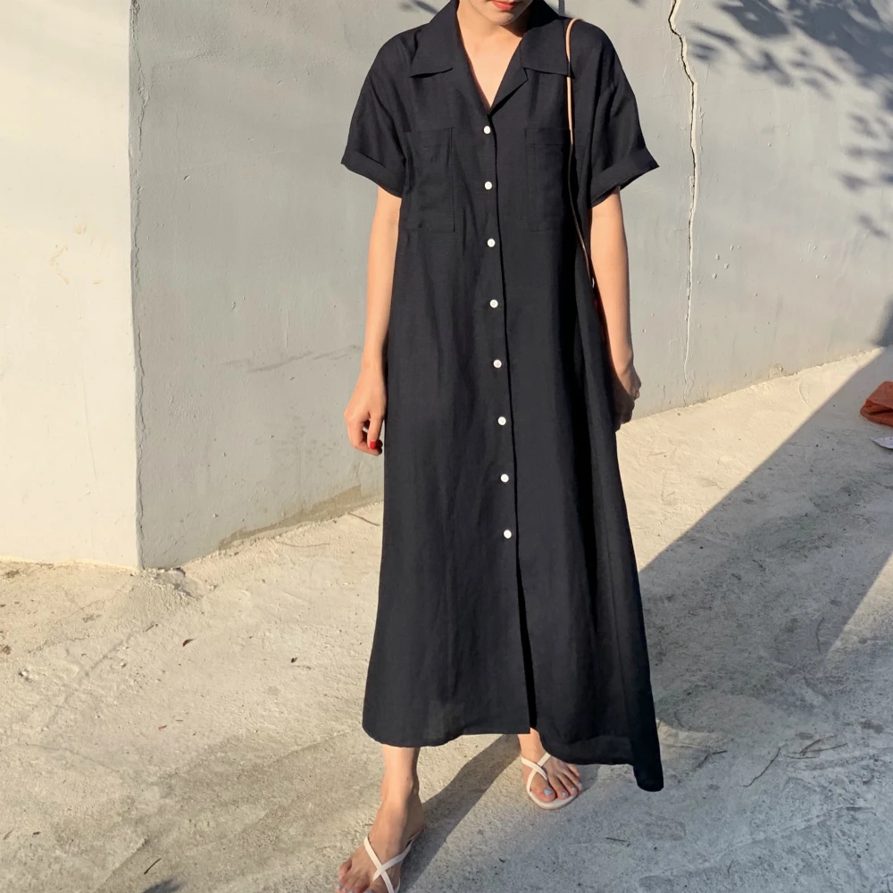 

Women Summer Notched Collar Cotton Long Shirt Dress Short Sleeve Female Single Breasted Solid Color Dresses Loose Plus Size