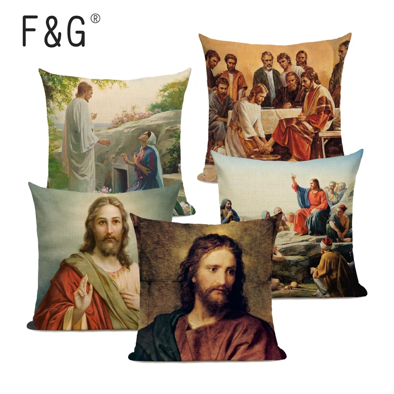 

Religious Belief Decorative Pillowcase Jesus Christ Oil Painting Art Cushion Cover 45x45CM Linen Pillow Cover for Home Decor