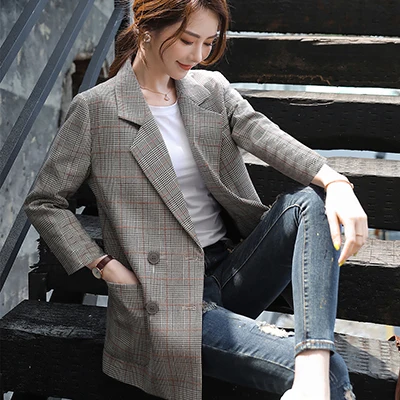 Apricot Plaid Blazer Осенние зимние Блейзеры Женские повседневные клетчатые блейзеры куртки женские модные блейзер с воротником Feminino 5XL - Цвет: Apricot Plaid Blazer