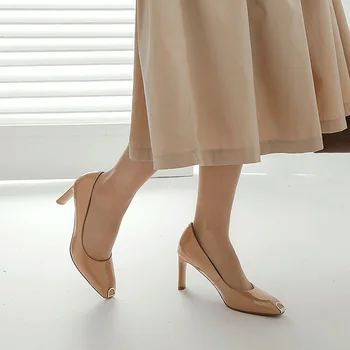 

HOT women shoes metal pointed toe pumps patent leather dress high heels boat wedding shoes zapatos mujer black nude shoes pumps