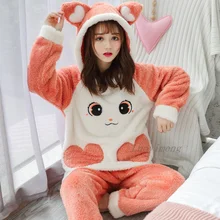 Women Pajamas Sets Winter Thick Warm Sleepwear Flannel Long Sleeves Pajamas for Girls Nightwear Cute Animal Female Home Clothing
