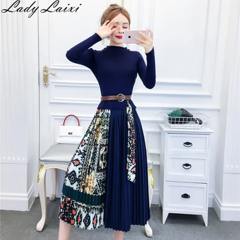 

Midi Dress 2019 Autumn New Fashion Design Women High Quality Long Sleeve Knitting Spliced Draped Casual Dress