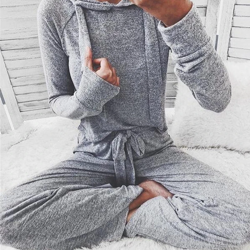 

Missufe Autumn Clothes Two Piece Set Women Suits Casual Tracksuit Lace Up Hooded Tops Loose Long Pants Streetwear Ladies Clothes