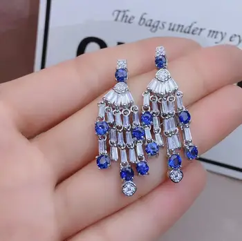 

Luxurious ancient Tassels Curtain natural blue sapphire drop earrings Natural gemstone earrings S925 silver girl gift jewelry